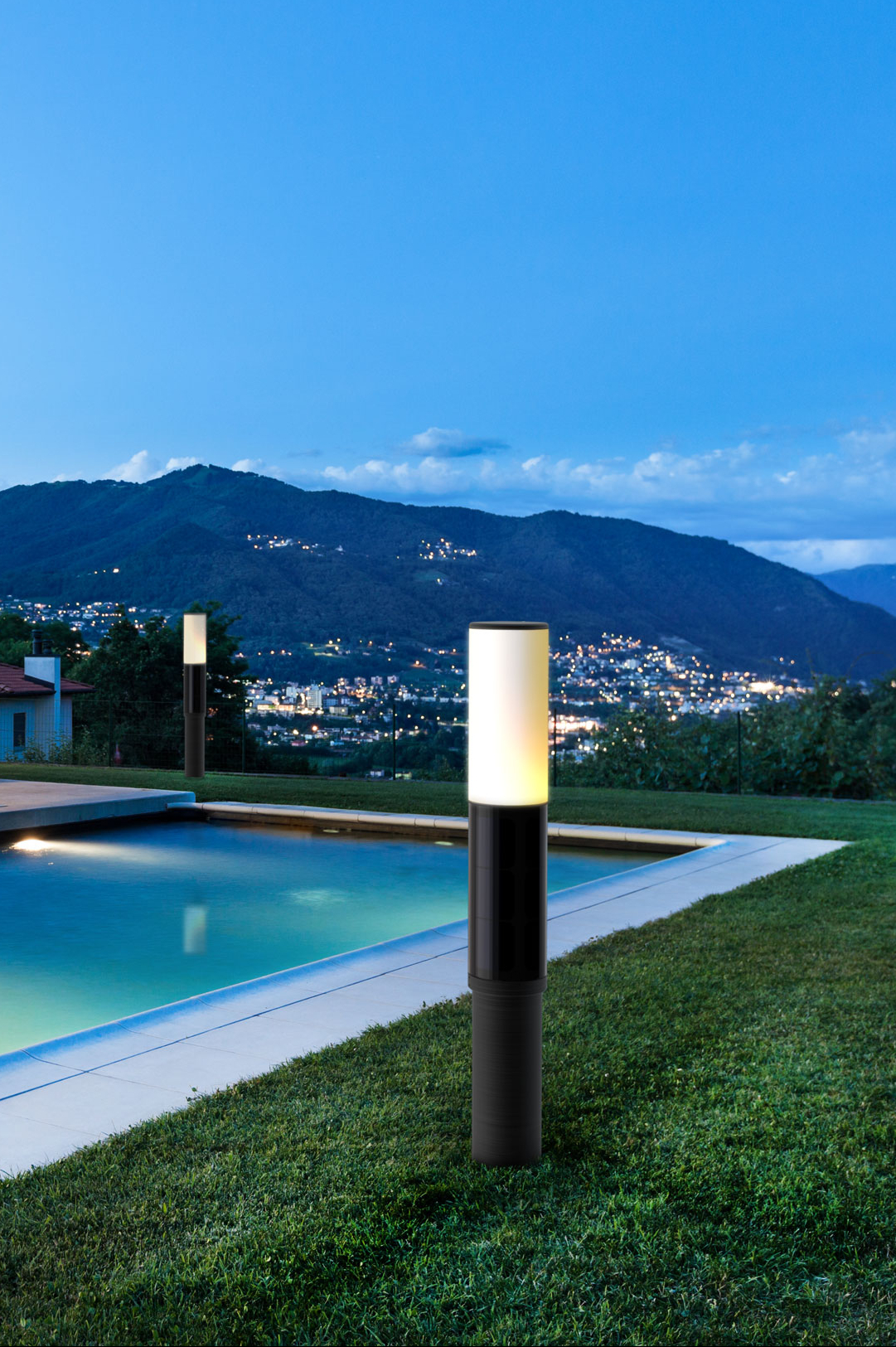 Soluxio-NxT-sustainable-solar-bollard-at-swimming-pool Solar outdoor lighting - NxT solar powered solar lamp post RGB color LED garden light for resorts, parks, hotels